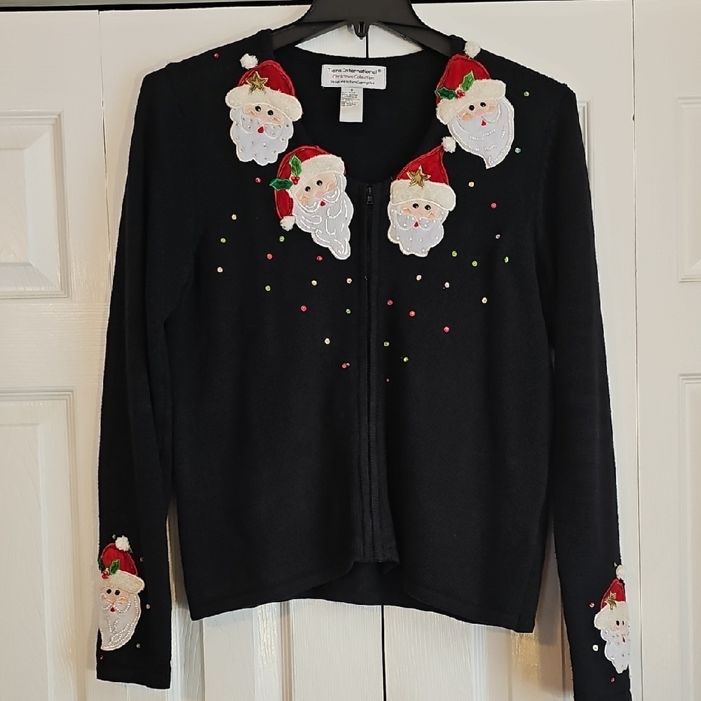 Festive Black Cardigan with Santa Design